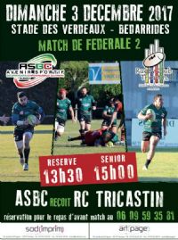 Rugby à XV: ASBC - R.C.TRICASTIN. Le dimanche 3 décembre 2017 à Bédarrides. Vaucluse.  13H30